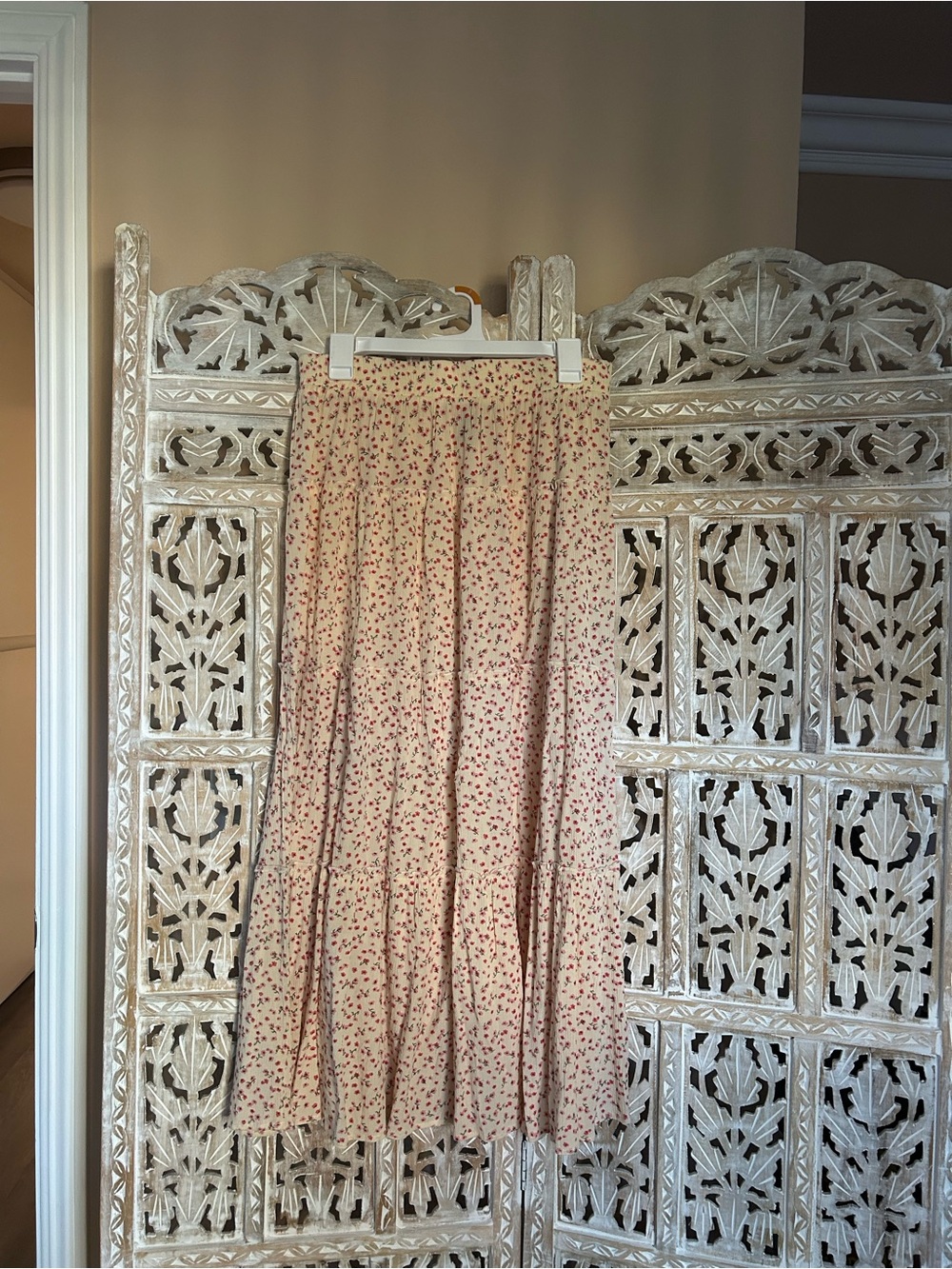 Cream Tiered Maxi Skirt with Red Floral Print